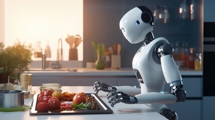 Robot cooks the food in a modern kitchen. technologies in modern life concept - obrazy, fototapety, plakaty