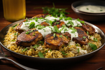 Delicious plate of food with generously serving of rice and succulent meat. Perfect for satisfying meal.