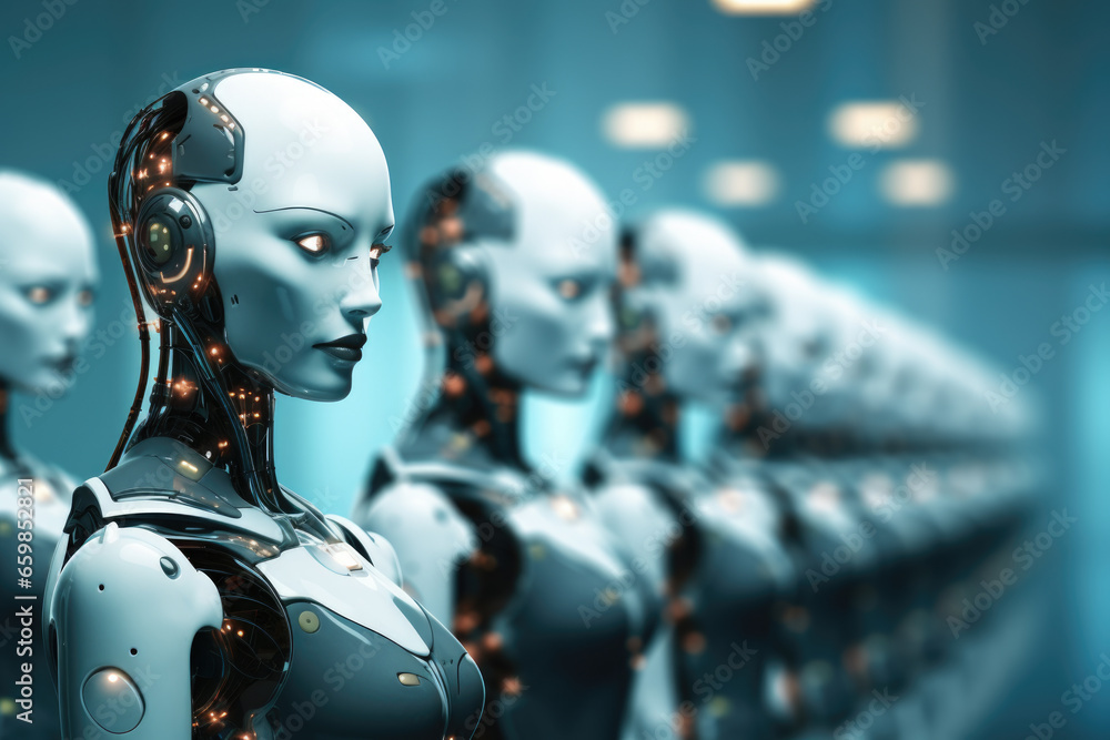 Aufkleber group of robots standing next to each other. perfect for futuristic technology concepts and sci-fi i