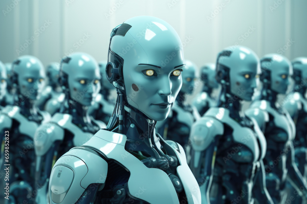 Poster group of robots standing next to each other. perfect for technology, automation, and futuristic conc