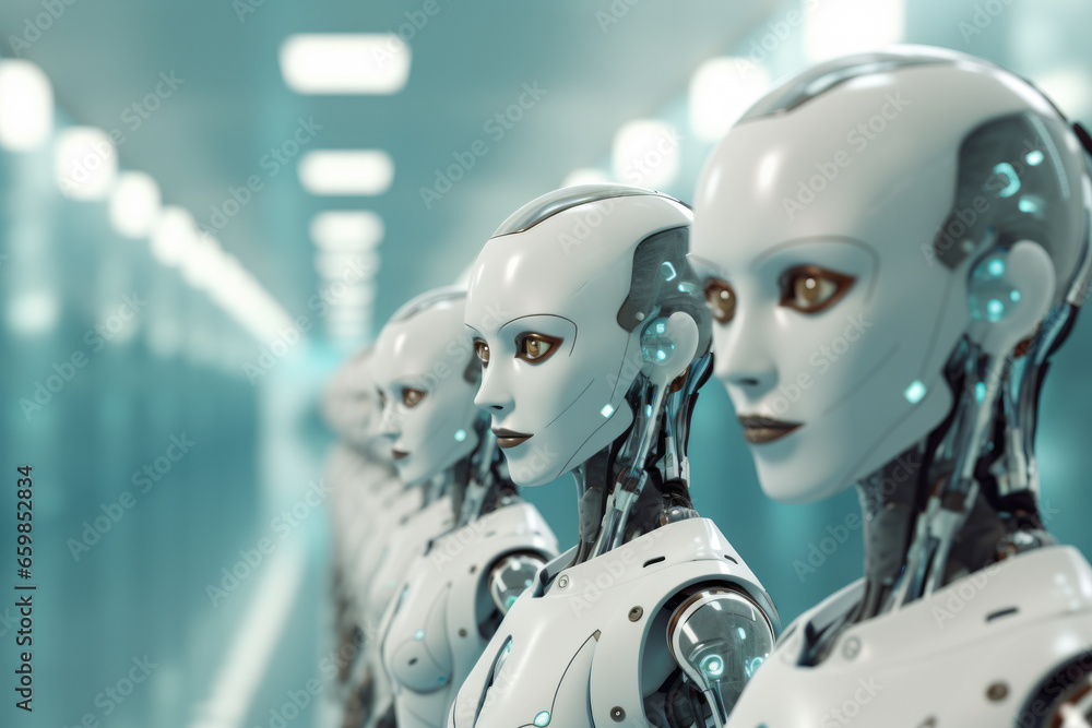 Aufkleber group of robots standing next to each other. this image can be used to depict teamwork, technology, 
