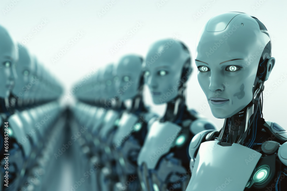 Poster group of robots standing next to each other. futuristic society, technology advancements, or concept