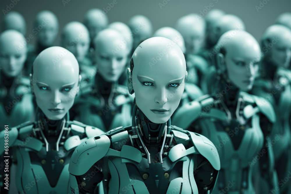 Poster group of humanoids standing next to each other. this versatile image can be used to depict unity, te