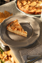 Part of fresh baked apple pie on a plate