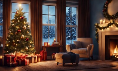 interior christmas. magic glowing tree, fireplace, gifts, Generative AI
