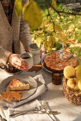 Woman serving autumn picnic with apple pie. Rustic table background with cup of tea