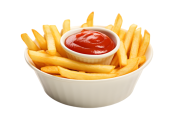 french fries, french-fried potatoes, finger chips, or simply fries with ketchup sauce in a white bowl isolated on a transparent background, potato fried chips transparent