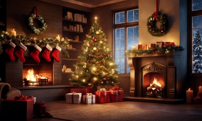 Fototapeta na wymiar interior christmas. magic glowing tree, fireplace, gifts, Generative AI