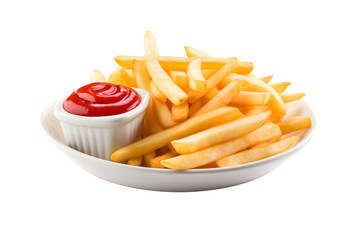 french fries, french-fried potatoes, finger chips, or simply fries with ketchup sauce in a white bowl isolated on a transparent background, potato fried chips transparent
