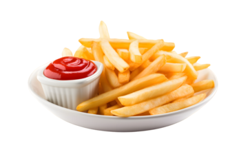 french fries, french-fried potatoes, finger chips, or simply fries with ketchup sauce in a white bowl isolated on a transparent background, potato fried chips transparent