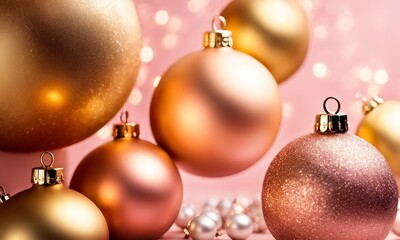 Beautiful Christmas Baubels. Pastel Pink and Gold Seasonal Background, Generative AI