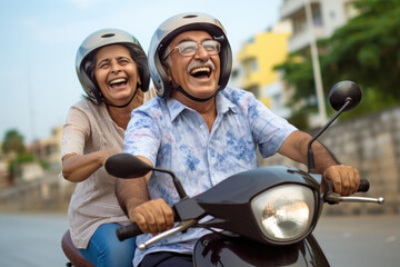 Naklejka premium Picture of man and woman riding on motorcycle. This image can be used to depict adventure, freedom, or couple enjoying ride together.