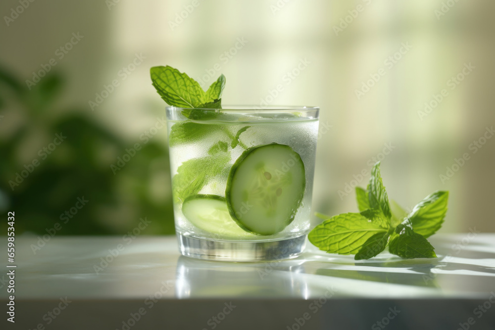 Poster glass of water filled with cucumber slices and mint leaves, creating refreshing and hydrating drink.