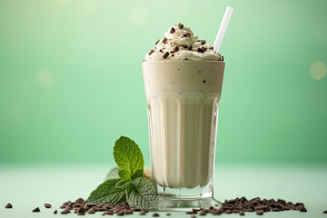 Delicious milkshake with chocolate chips, perfect for refreshing treat on hot day. Great for use in food and beverage related projects. - obrazy, fototapety, plakaty