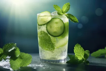Poster Glass of water with cucumber slices and fresh mint leaves. Perfect for staying hydrated and adding touch of flavor. Great for health and wellness, spa, and summer-themed designs. © vefimov