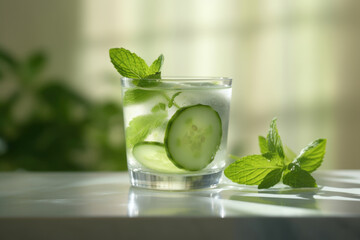 Glass of water filled with cucumber slices and mint leaves, creating refreshing and hydrating drink. Perfect for staying cool and quenching your thirst on hot summer day.