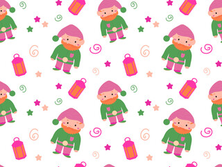 Seamless children's bright pattern with gnomes. A little magic dwarf with a lantern