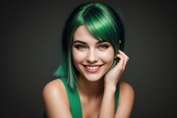 Portrait beautiful green hair and eyes model woman with white teeth smile, healthy long hair and beauty skin on dark background. Concept of advertising dentist and facial care. Generative AI