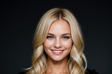 Naklejka premium Portrait beautiful blonde model woman with white teeth smile, healthy long hair and beauty skin on black background. Concept of advertising dentist and facial care. Generative AI