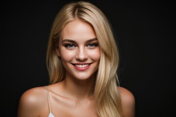 Portrait beautiful blonde model woman with white teeth smile, healthy long hair and beauty skin on black background. Concept of advertising dentist and facial care. Generative AI