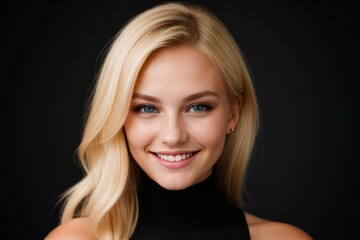 Fototapeta premium Portrait beautiful blonde model woman with white teeth smile, healthy long hair and beauty skin on black background. Concept of advertising dentist and facial care. Generative AI