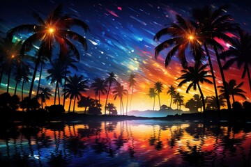Colorful fireworks explode through tall palm trees in the sky above the beach. Celebrate under palm trees.