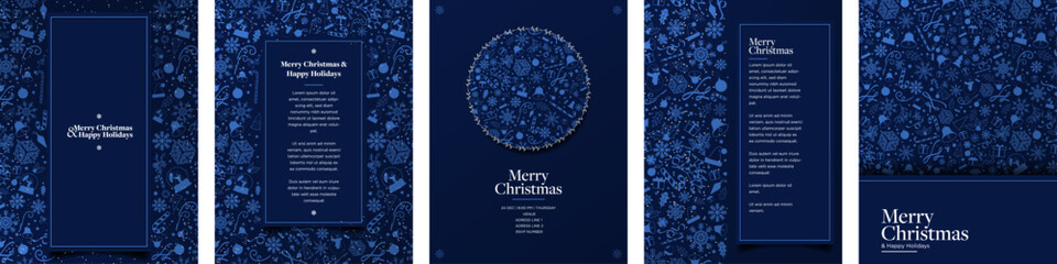 Monochromatic Cetacean Blue Christmas Poster Invite Templates. Set of Christmas backgrounds.  Cute Xmas Pattern backdrops. Greeting Card and poster layouts. Vector Illustration.