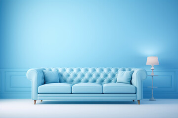 Blue couch sitting in room next to lamp. This image can be used to showcase interior design or home decor concepts.