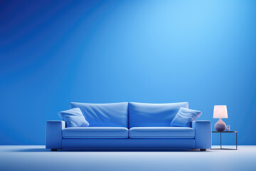 Blue couch is seen sitting in room next to lamp. This image can be used to depict cozy living space or interior design inspiration.