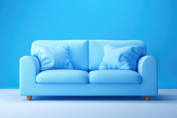 Picture of blue couch with pillows against blue wall. This image can be used to showcase modern interior design or to illustrate concept of relaxation and comfort in living space.