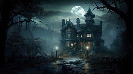 Fototapeta na wymiar Moonlit Haunting: The Eerie Charm of the Mansion in the Mist.