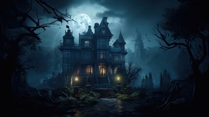 Fototapeta na wymiar Moonlit Haunting: The Eerie Charm of the Mansion in the Mist.