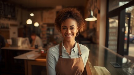 Portrait of a smiling young African American barista leaning with her arms crossed on cafe.Cheerful mature waitress waiting for clients at coffee shop. Successful small business owner - obrazy, fototapety, plakaty