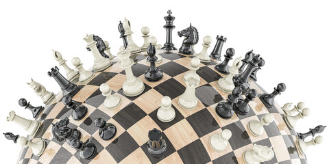 Chess board with chess pieces on checkered sphere, 3D rendering - 659854838