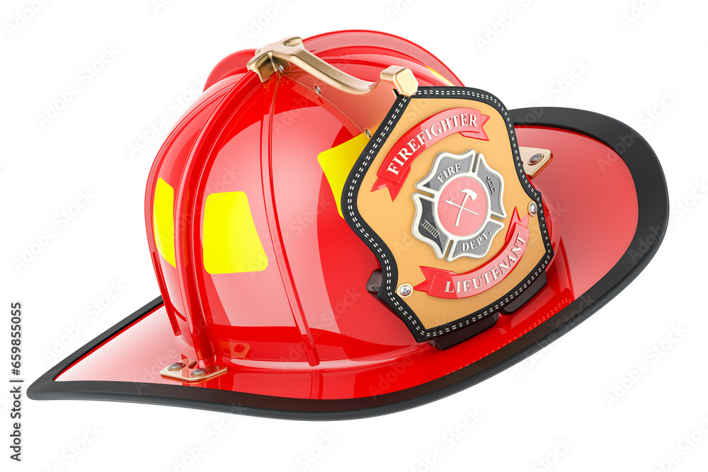 Poster red firefighter helmet, 3d rendering isolated on transparent background