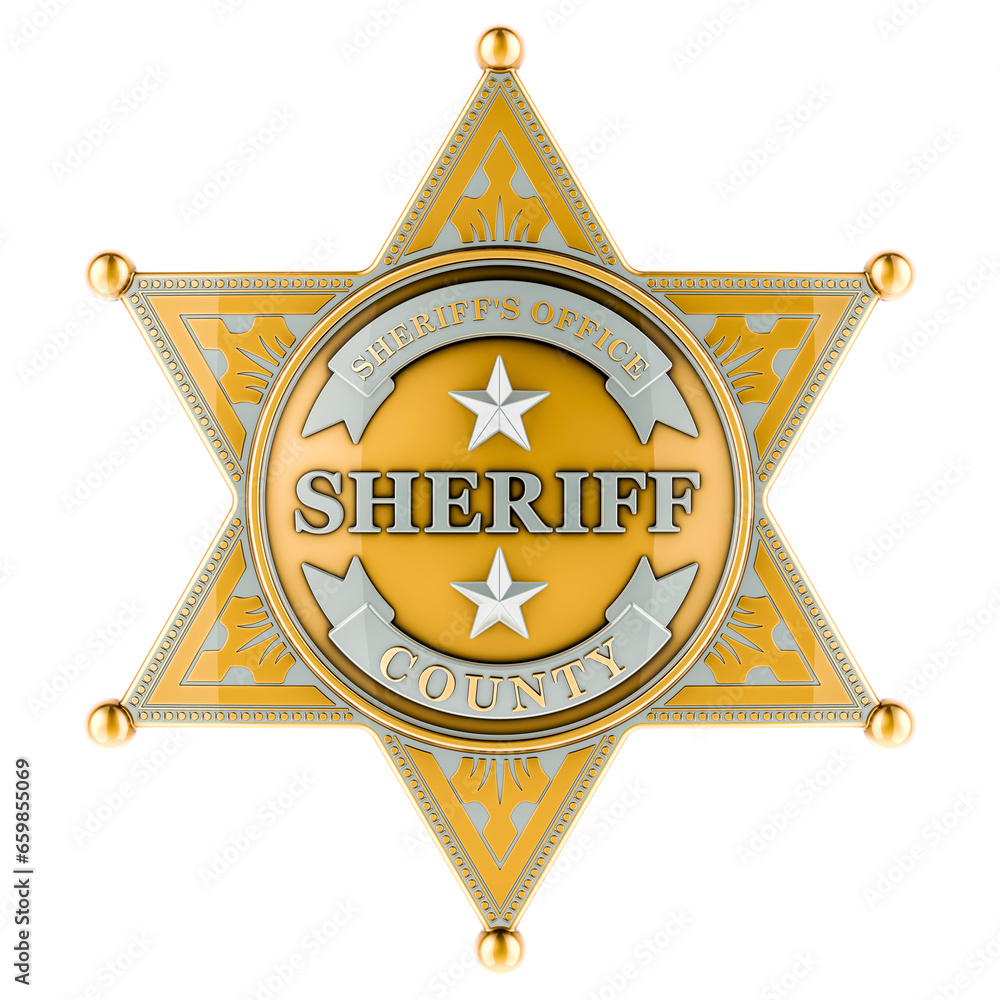 Poster sheriff star badge, front view. 3d rendering isolated on transparent background