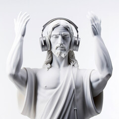 Christ the Redeemer marble statue wearing vibrating headphones