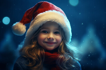 cute little girl in Santa Claus hat on blurred background, winter holiday. space for text