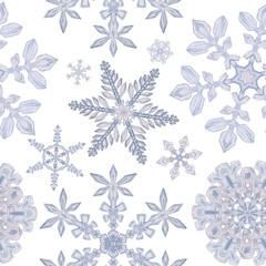Hand drawn watercolor snowflakes, blue silver water ice crystals frozen in winter. Illustration isolated seamless pattern, white background. Design for holiday poster, print, website, card, invitation