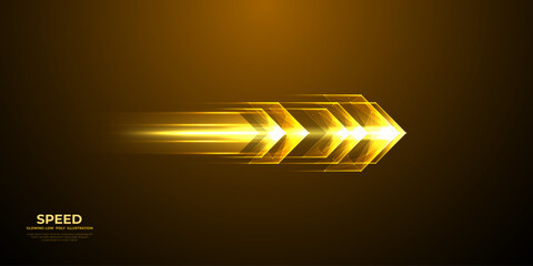 One abstract big glowing speed-up arrow on a dark background. Business growth, success, high results, investment growth, development progress, financial company statistics, and start-up concept. 