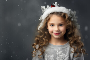 cute little girl on blurred grey background with snowfall. Christmas mood. space for text