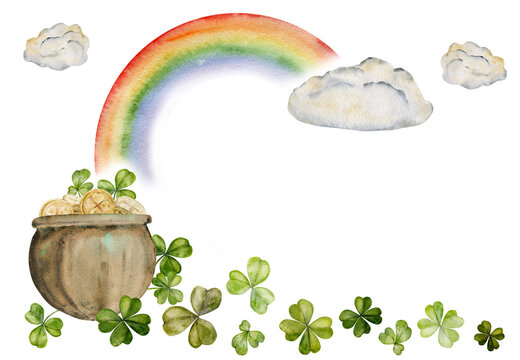 Watercolor hand drawn illustration, Saint Patrick holiday. Leprechaun pot, gold coins, rainbow, lucky clover. Ireland tradition. Isolated on white background. For invitations, print, website, cards.