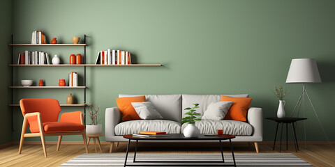 Red and green living room interior, 3d render
