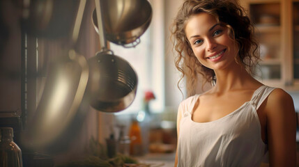 Portrait of happy beautiful smiling woman housewife chef cooks in the kitchen. Pretty young female...