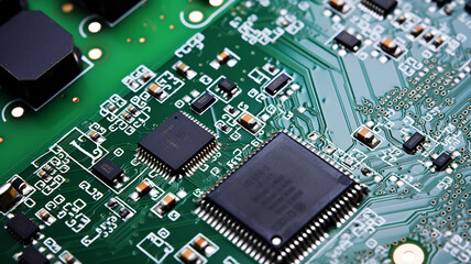 green microelectronics, microchip computer printed circuit board electronic chip, abstract fictional background