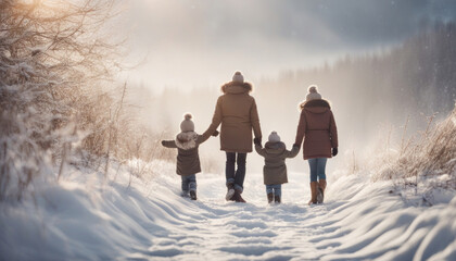 Family Winter Stroll A Rear View