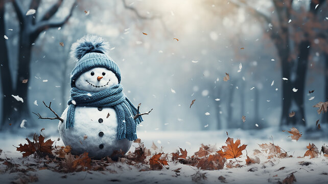 greeting card snowman in the autumn forest, cute picture of late autumn, November december