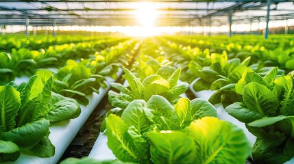 Environmental Stewardship. Sustainable Romaine Lettuce in Greenhouse. Greenhouse Bounty. Organic Romaine Lettuce for a Healthy Supply Chain. Fresh and Sustainable - obrazy, fototapety, plakaty