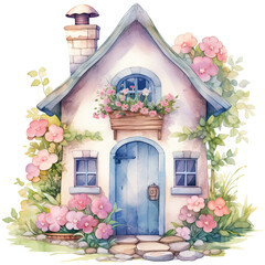 Cute watercolor composition cartoon garden house, isolated on transparent background