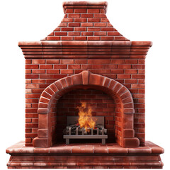 Fireplace made of red brick, isolated on transparent background